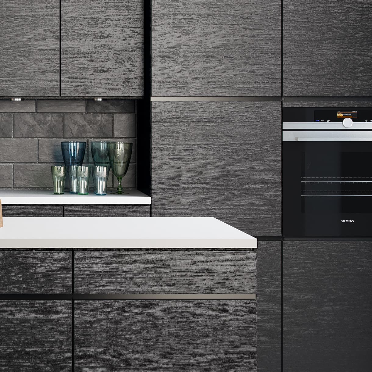 MANO sera kitchen with dark textured cabinets and a modern built-in oven, offering a contemporary style that enhances functionality and elegance.